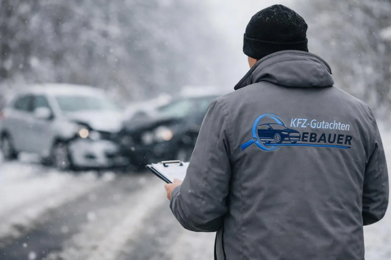 Begutachtung eines Unfallfahrzeugs im Winter