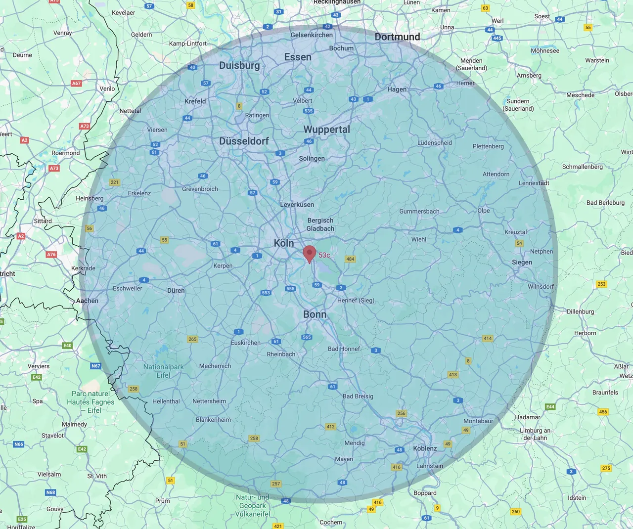 Karte: Einsatzgebiet im Umkreis von 100 km rund um Köln
